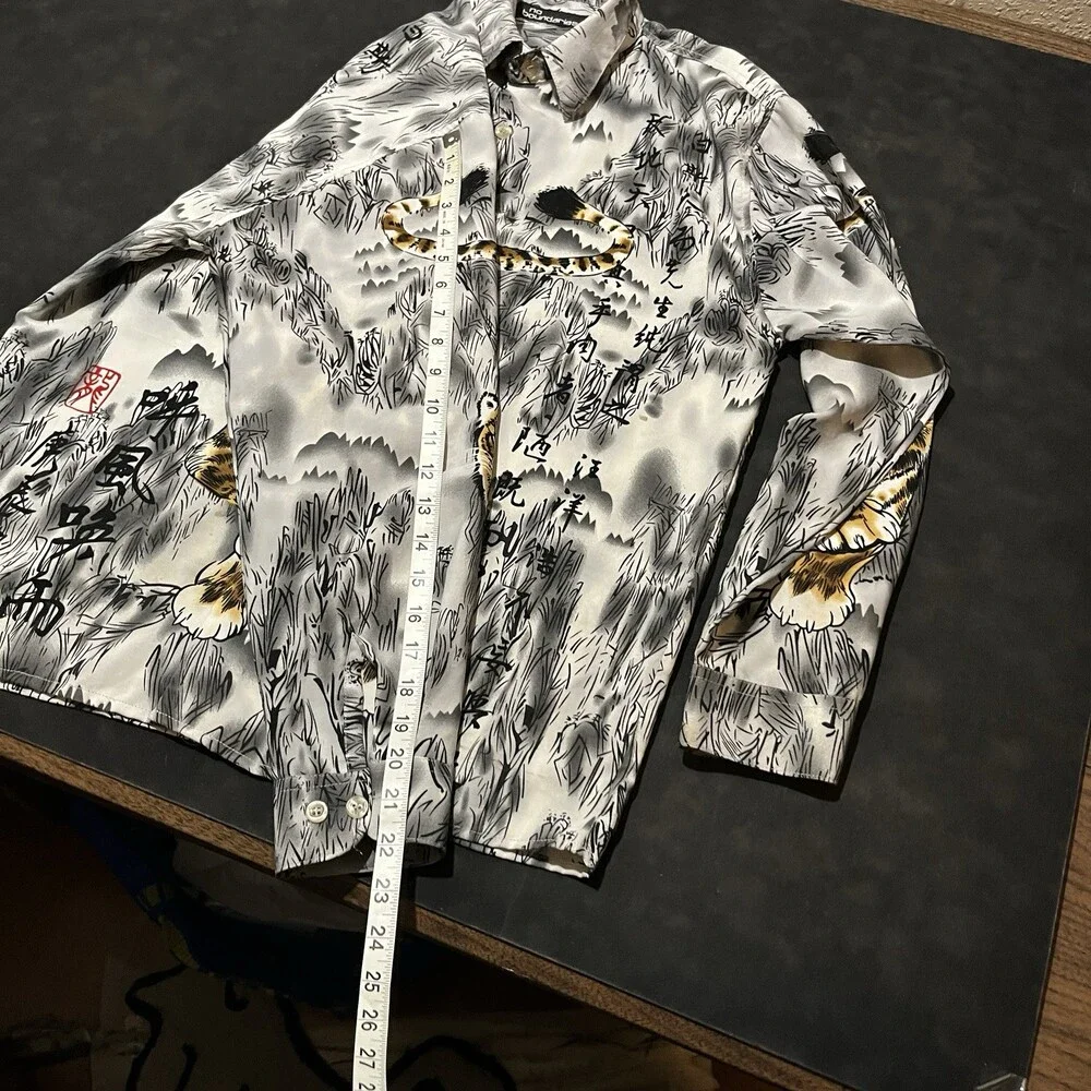No Boundaries Green Yellow Dragon Abstract Asian Button Up Shirt Tiger Y2K AOP